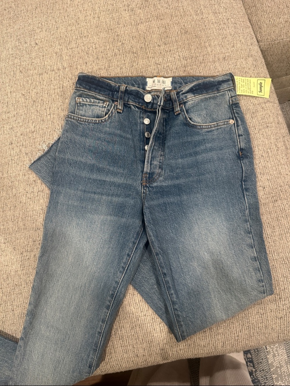 Free People High-Rise Button-Fly Jeans in Medium Blue